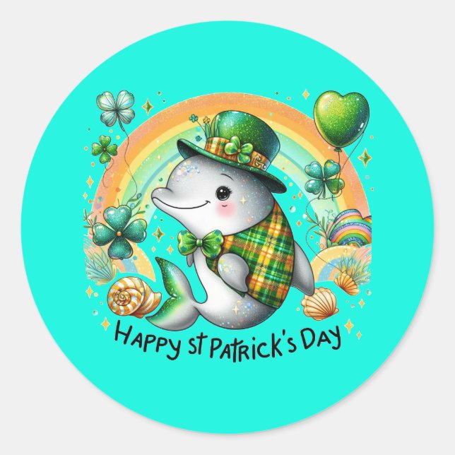 Happy St. Patrick's Day Dolphin Classic Round Sticker (Front)