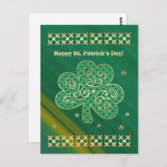 Happy St. Patrick's Day. Elegant Gold Shamrock Postcard (Front/Back)