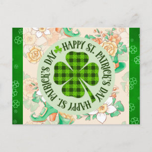 Happy St Patricks Day Floral Green Shamrock Postcard