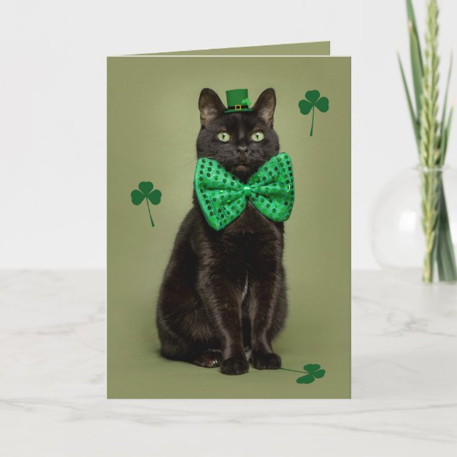 Happy St. Patrick's Day For Anyone Black Cat Holiday Card (Front)