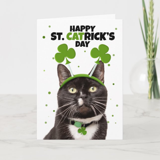 Happy St Patricks Day For Anyone Cat in Headband Holiday Card (Front)