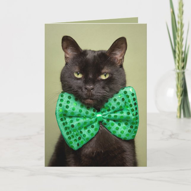 Happy St. Patrick's Day For Anyone Cute Black Cat Holiday Card (Front)
