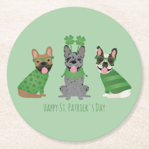 Happy St Patricks Day French Bulldogs Round Paper Coaster