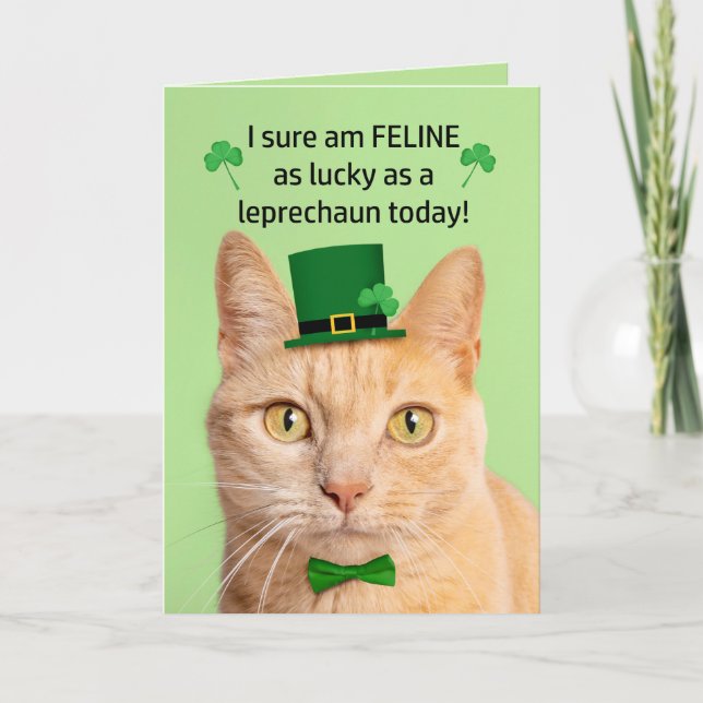 Happy St Patricks Day Friend Cute Cat Leprechaun Holiday Card (Front)