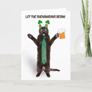 Happy St Patricks Day Funny Cat in Shamrock Tie Holiday Card