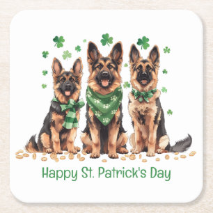 Happy St. Patrick's Day German Shepherd Dogs Square Paper Coaster