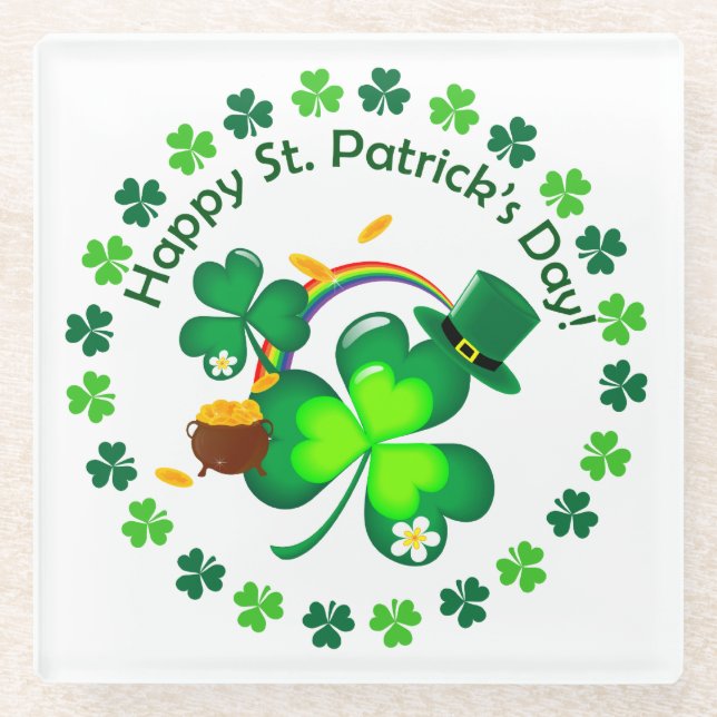Happy St. Patrick's Day Glass Coaster (Front)