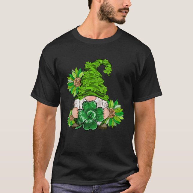 Happy St Patrick's Day Gnome with Leopard Sunflowe T-Shirt (Front)