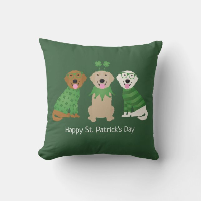Happy St Patricks Day Golden Retriever Dogs Cushion (Front)