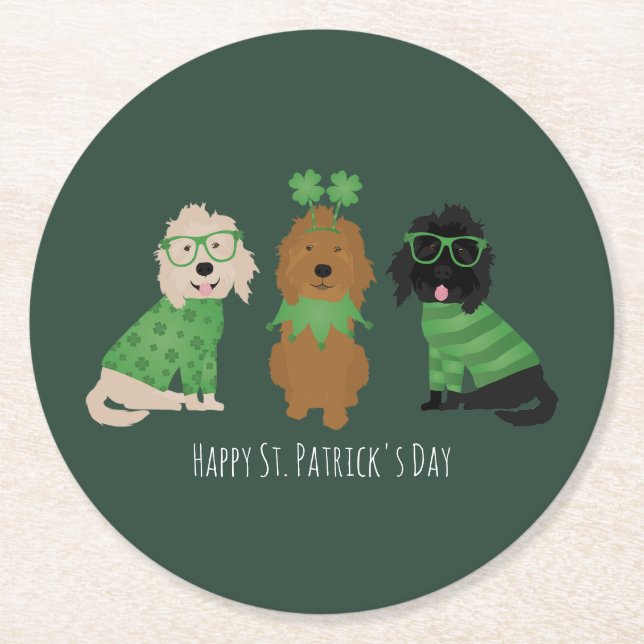 Happy St Patricks Day Goldendoodle Dogs Round Paper Coaster (Front)