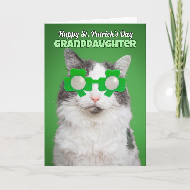 Happy St. Patrick's Day Granddaughter Cat Humor Card (Front)
