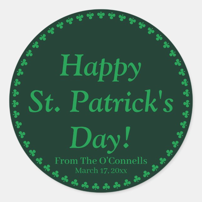Happy St. Patrick's Day green clover custom tex Classic Round Sticker (Front)