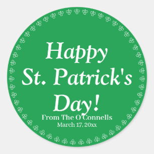Happy St. Patrick's Day green custom text clover Classic Round Sticker
