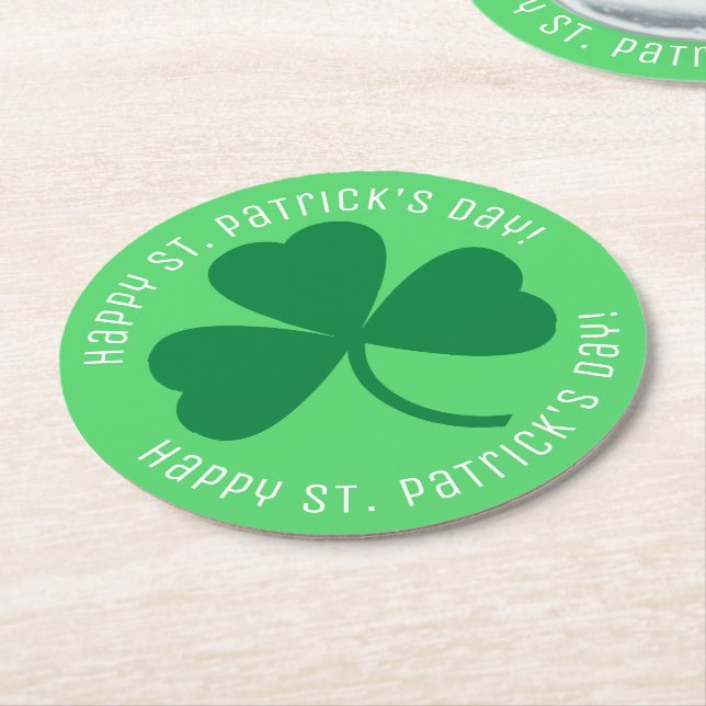 Happy St. Patrick's Day Green Shamrock Round Paper Coaster (Angled)