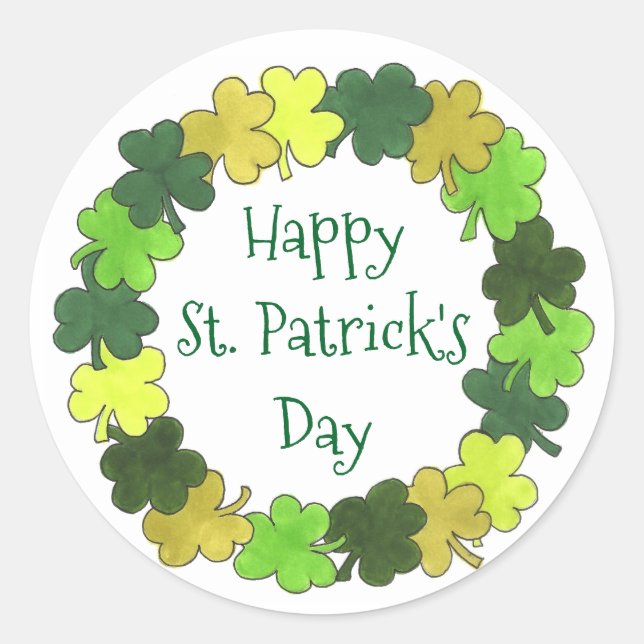 Happy St. Patrick's Day Green Shamrock Wreath Classic Round Sticker (Front)