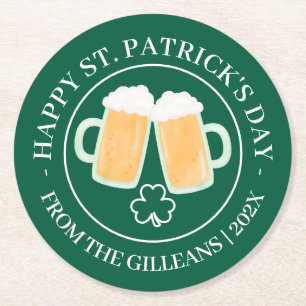 Happy St. patrick's day green Shamrocks family Round Paper Coaster