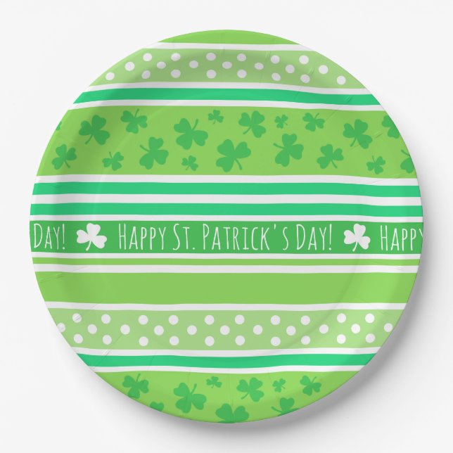 Happy St. Patrick's Day Green Stripes Paper Plate (Front)