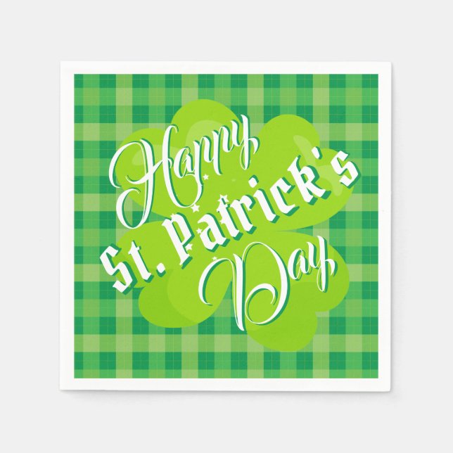 Happy St. Patrick's Day Green Tartan Lucky Clover Napkin (Front)