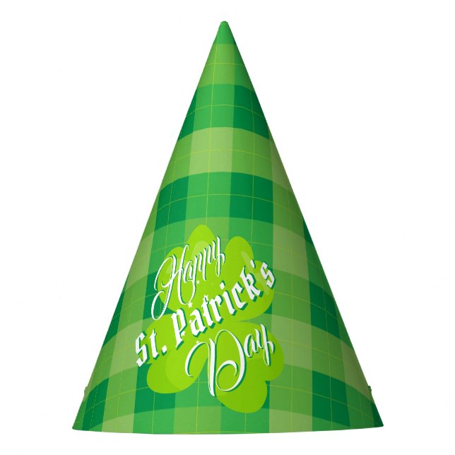 Happy St. Patrick's Day Green Tartan Lucky Clover Party Hat (Front)