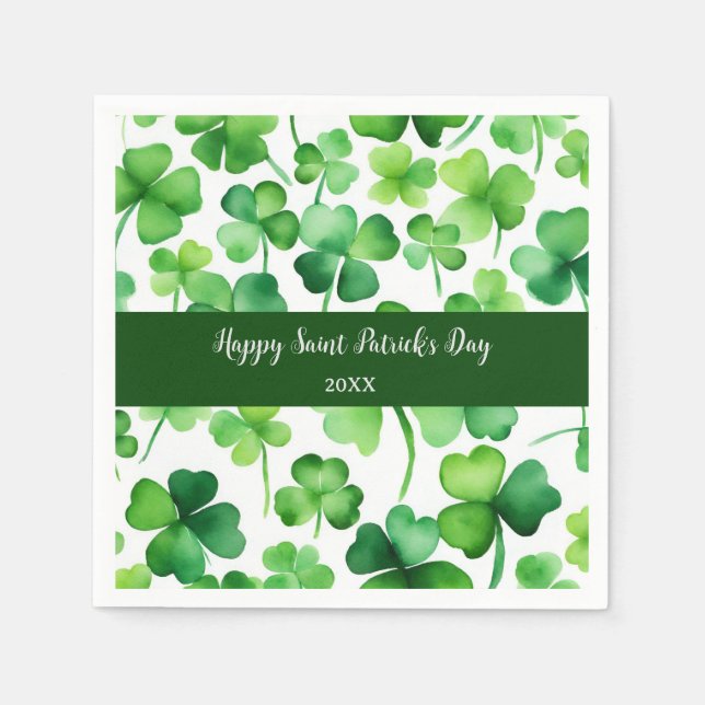 Happy St Patricks Day Green Watercolor Shamrock Napkin (Front)
