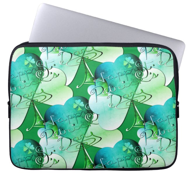"Happy St. Patrick's Day" Hand-writte w/Shamrocks Laptop Sleeve (Front)