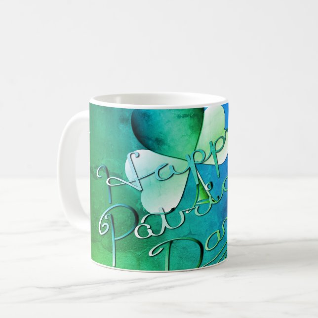 "Happy St. Patrick's Day" Hand-written W/Shamrock Coffee Mug (Front Left)