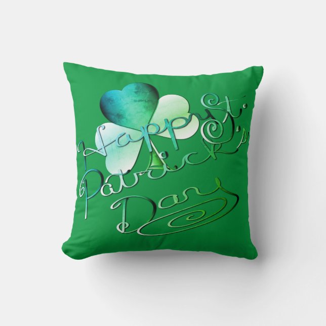 "Happy St. Patrick's Day" Hand-written W/Shamrock Cushion (Front)