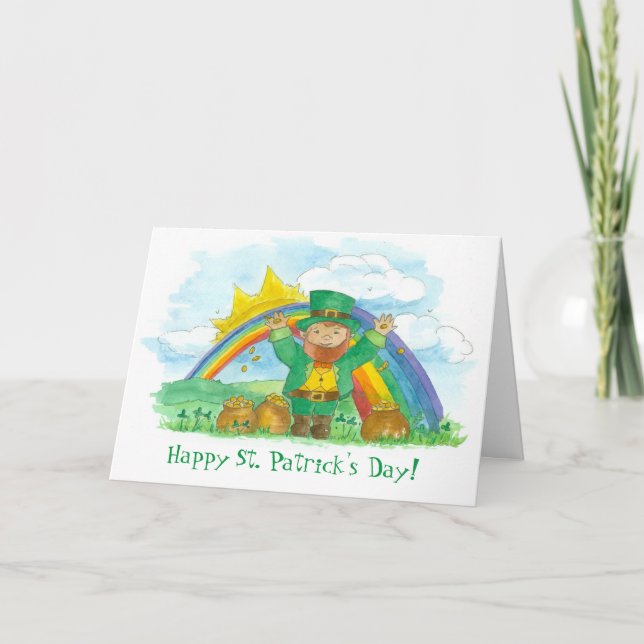 Happy St. Patrick's Day Leprechaun Rainbow Gold Card (Front)