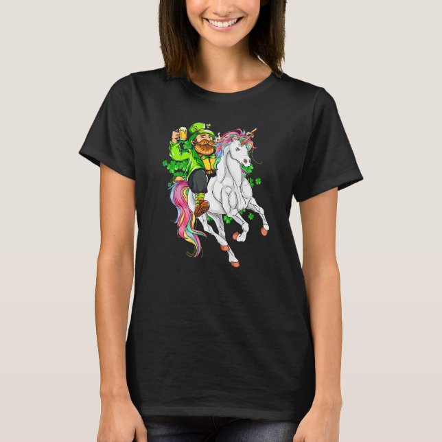 Happy St Patricks Day Leprechaun Riding Unicorn T-Shirt (Front)