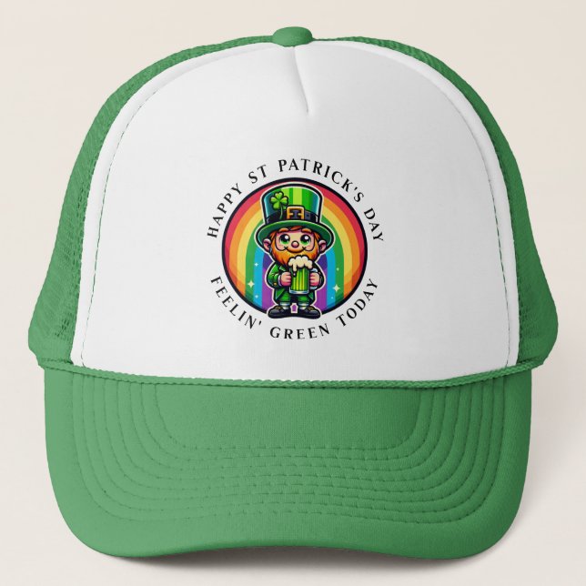 Happy St Patrick's Day Leprechaun with Green Beer Trucker Hat (Front)