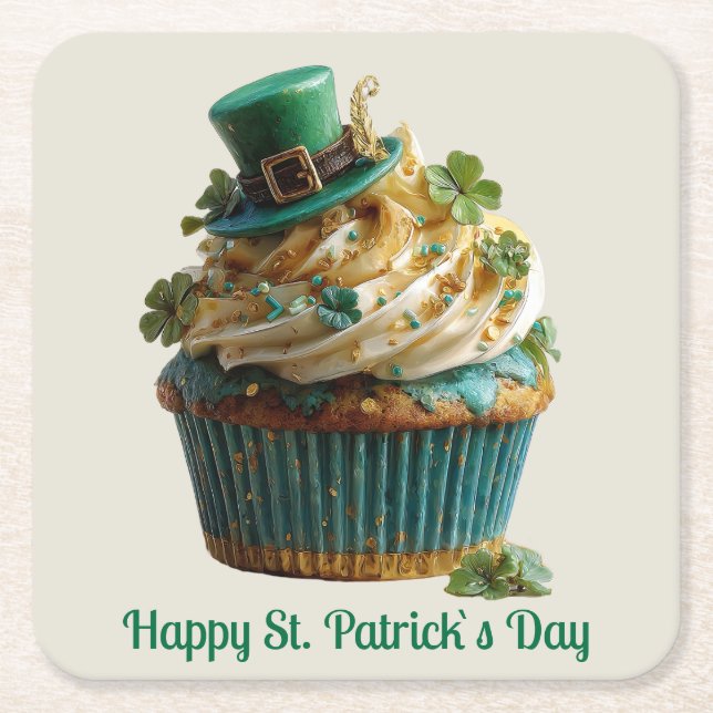 Happy St. Patrick's Day Lucky Cupcake Square Paper Coaster (Front)