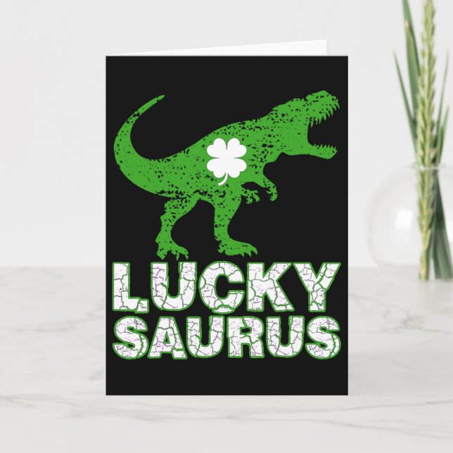 Happy St Patricks Day Luckysaurus Dinosaur Shamroc Card (Front)