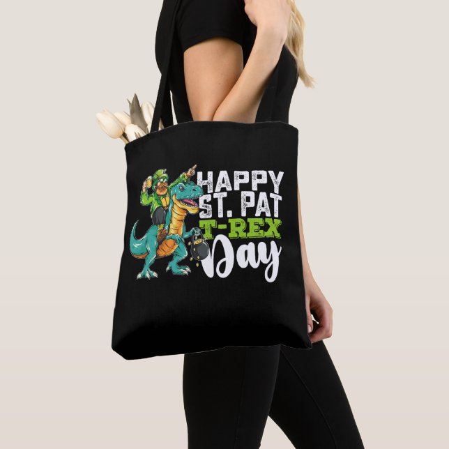 Happy St Patrick's Day Pat T Rex Dinosaur Tote Bag (Close Up)