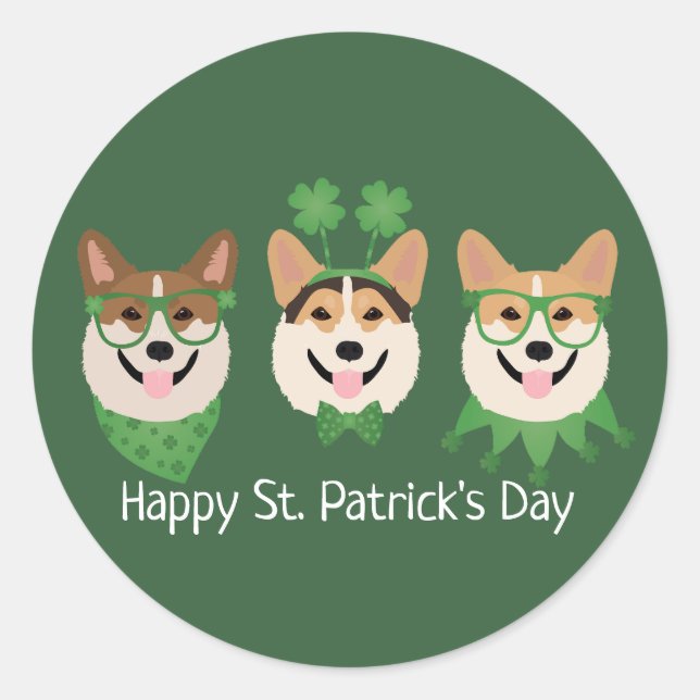 Happy St Patricks Day Pembroke Welsh Corgi Dogs Classic Round Sticker (Front)