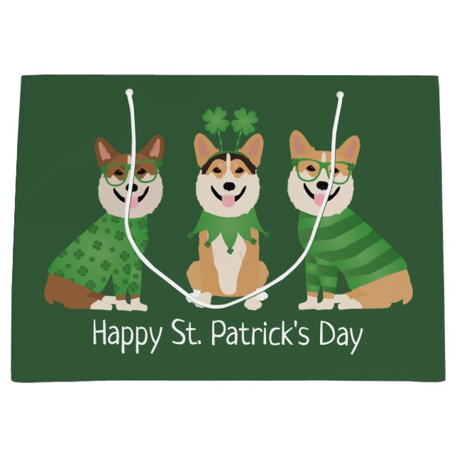 Happy St Patricks Day Pembroke Welsh Corgi Dogs Large Gift Bag (Front)