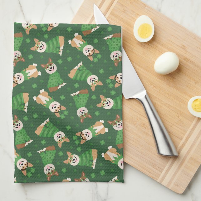 Happy St Patricks Day Pembroke Welsh Corgi Dogs Tea Towel (Quarter Fold)