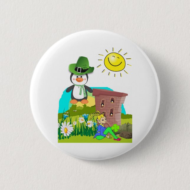 happy st. patrick's day penguin leprechaun 6 cm round badge (Front)