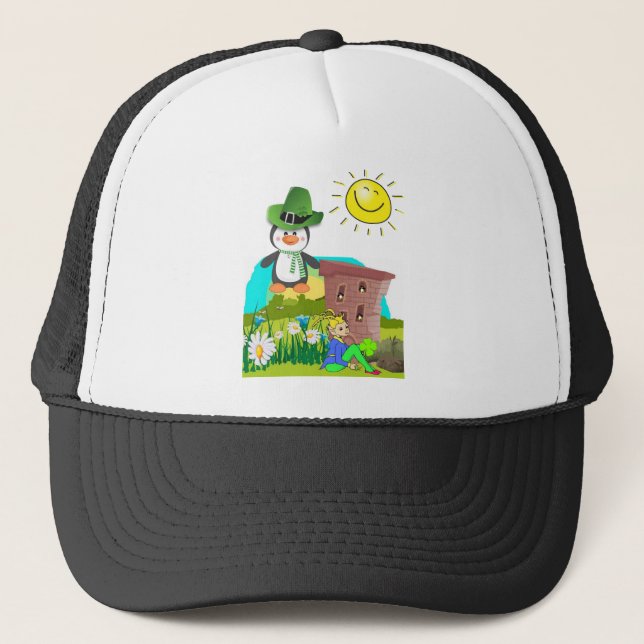 happy st. patrick's day penguin leprechaun trucker hat (Front)