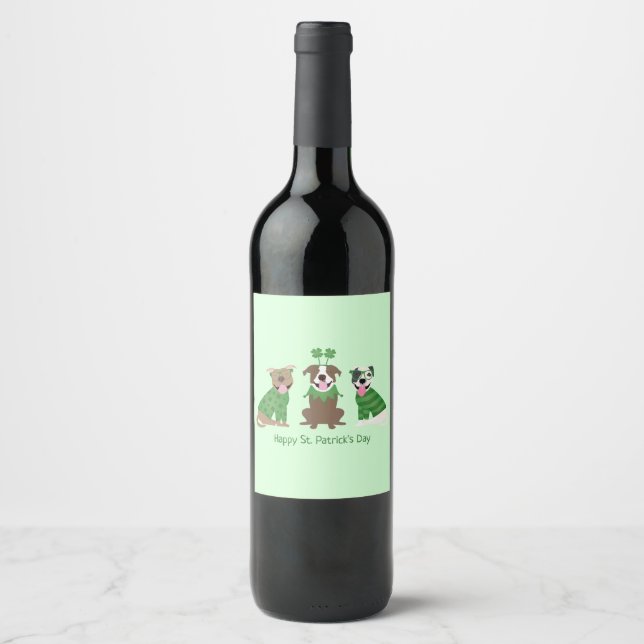 Happy St Patricks Day Pit Bull Dogs Wine Label (Front)