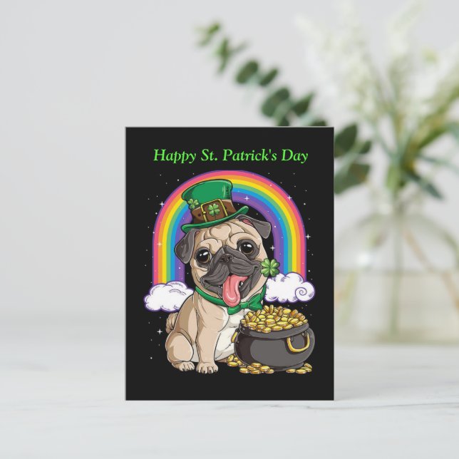 Happy St. Patrick's Day Pug dog postcard (Standing Front)