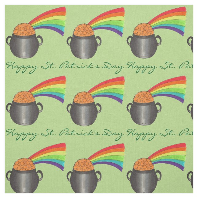 Happy St. Patrick's Day Rainbow Pot of Gold Green Fabric (Swatch)