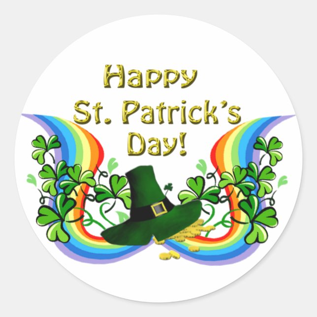 Happy St. Patrick's Day Rainbow Shamrocks Clovers Classic Round Sticker (Front)