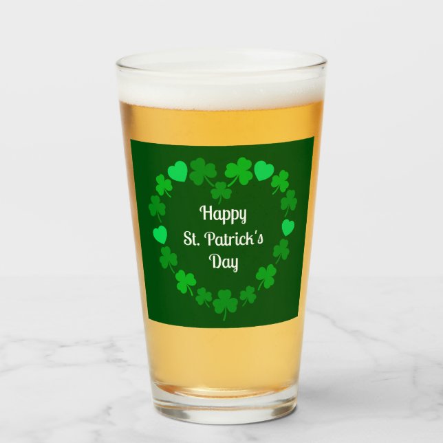 Happy St. Patrick's Day Shamrock and Heart Wreath Glass (Front Filled)