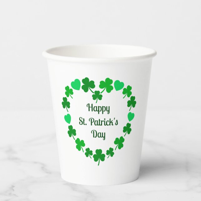 Happy St. Patrick's Day Shamrock and Heart Wreath Paper Cups (Front)