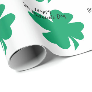 Happy St Patrick's Day Shamrock Leaf Green White Wrapping Paper