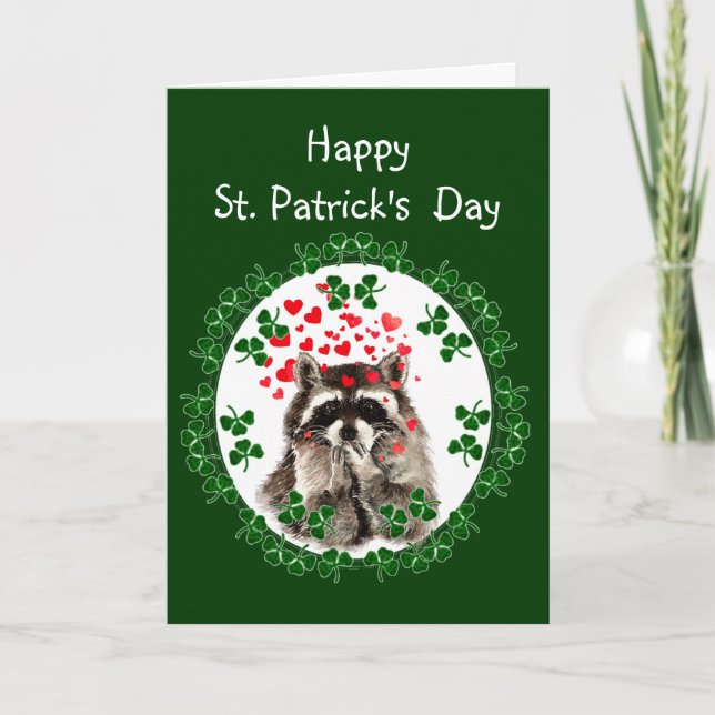 Happy St. Patrick's Day Shamrock Racoon Kisses Card (Front)