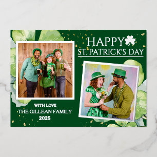 Happy St patricks day Shamrocks family 2 photo Foil Holiday Card