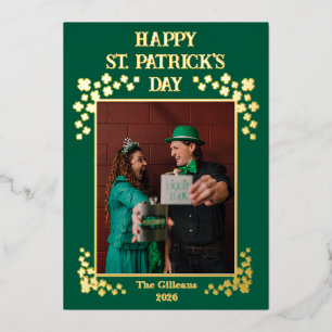 Happy St patricks day Shamrocks Family Photo Foil Holiday Card