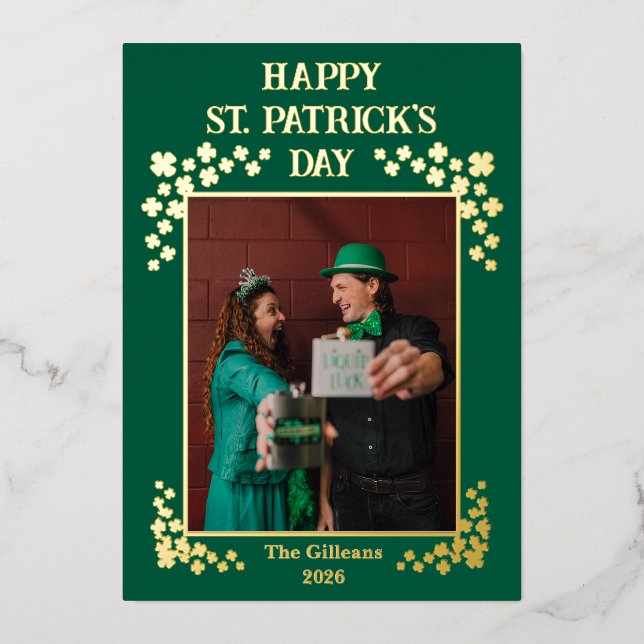Happy St patricks day Shamrocks Family Photo Foil Holiday Card (Front)