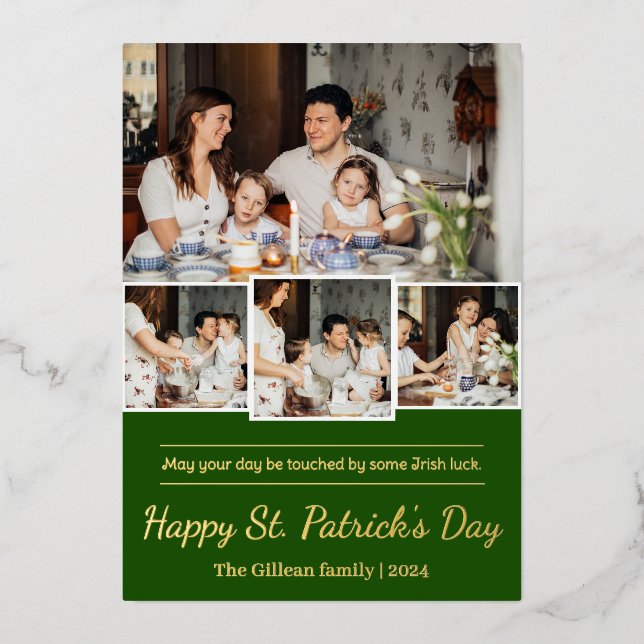 Happy St. patrick's day Shamrocks family photo Foil Holiday Card (Front)